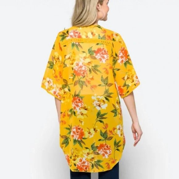 EMORY PARK Stitch Fix Landry Crochet Trim Open Kimono Yellow Floral Size Med New - Picture 3 of 9